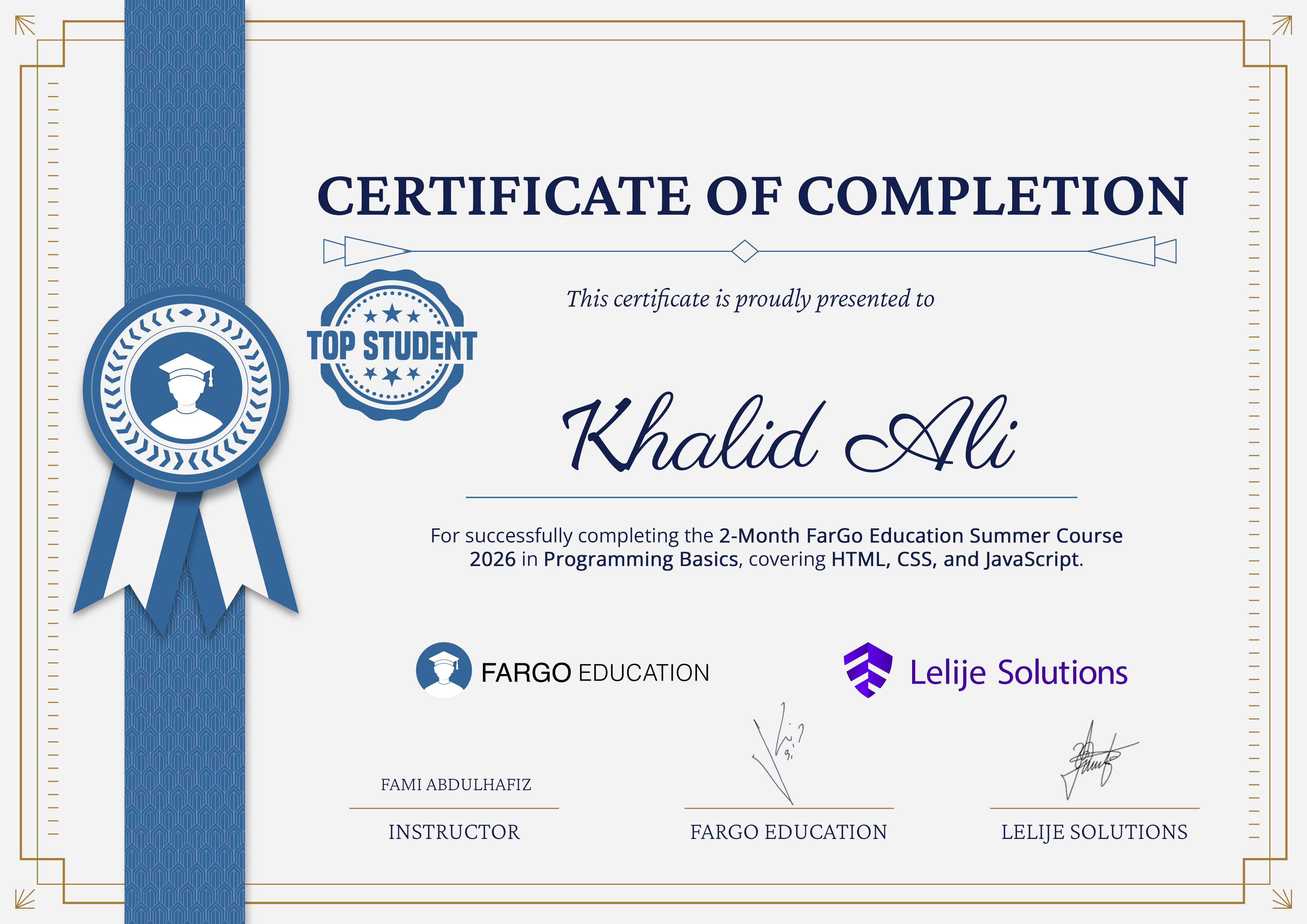 Khalid Ali FarGo Education certificate of completion